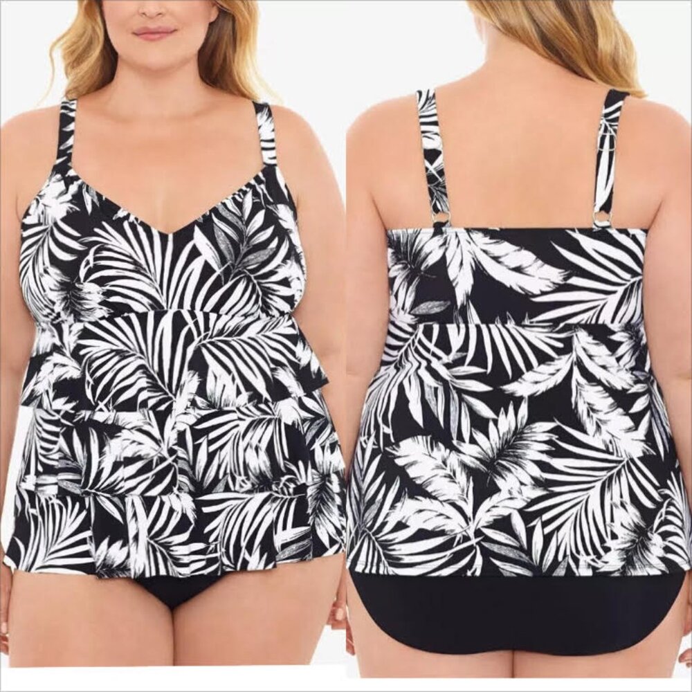 New! Swim Solutions One-Piece Swimsuit 24W Womans Plus Black & White Tiered